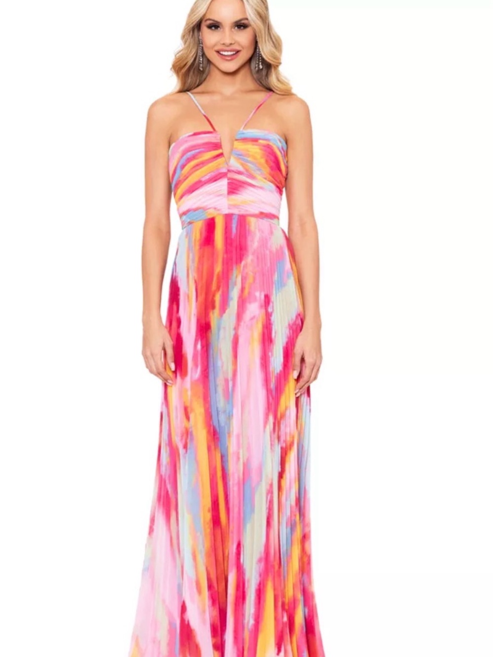 Xscape Pink Multi-Color Watercolor Maxi Dress